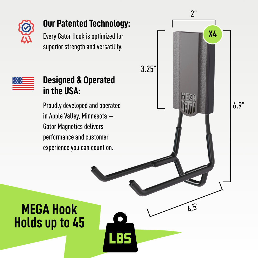 A black Gator Magnetics magnetic hook shown with dimensions 6.9" height, 4.5" width, and 2" depth, highlighting its strong patented magnetic technology and heavy-duty holding power of up to 45 pounds, designed for wall garage storage on flat steel surfaces.