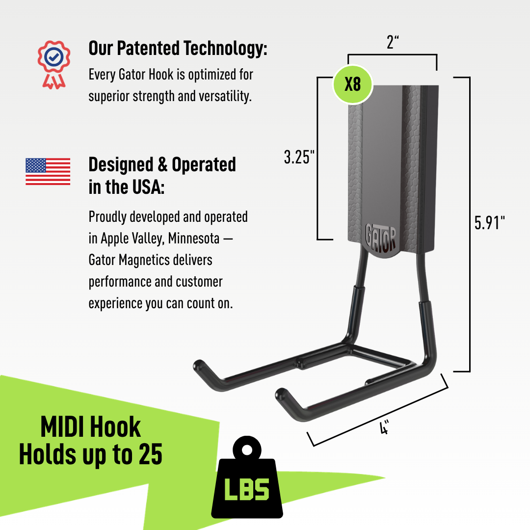 A single black Gator Magnetic Hook with measurements indicated as 5.91 inches tall, 2 inches wide, and 4 inches deep is shown against a white background, emphasizing its patented technology, U.S. design and operation in Apple Valley, Minnesota, and its capacity to hold up to 25 lbs.