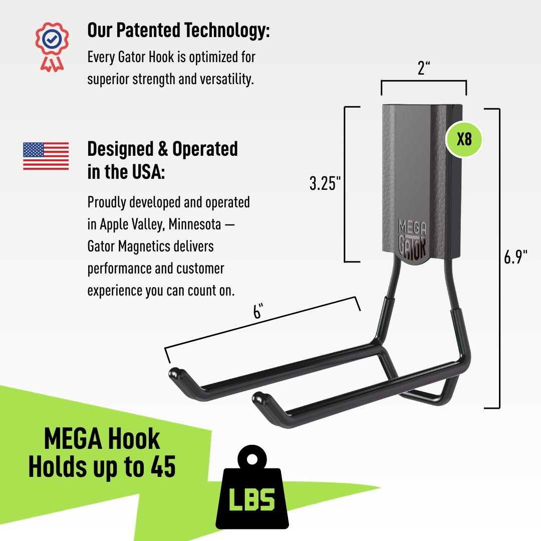 6" MEGA Open Magnetic Hook 8-Pack - Holds up to 45 lbs