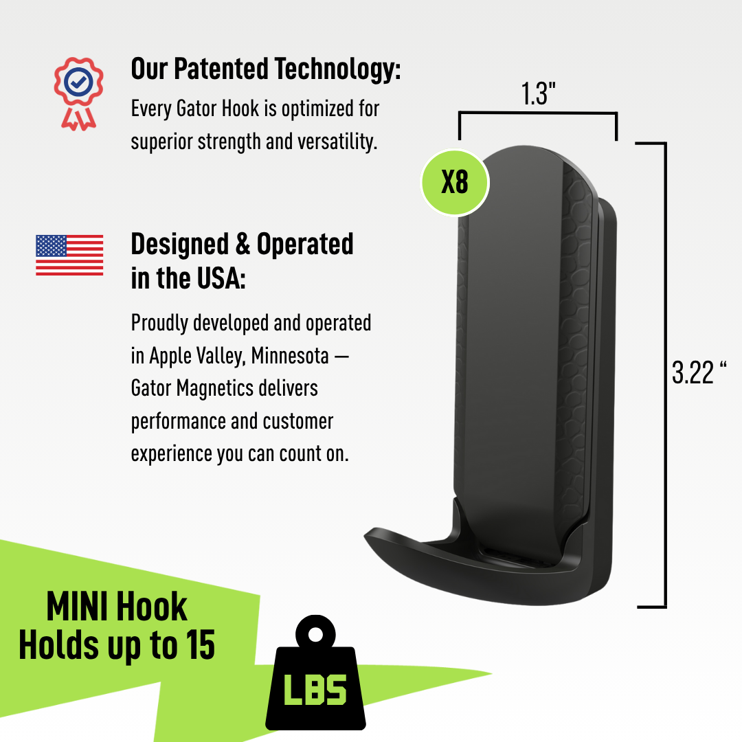 The image shows a single black Magnetic Hook from Gator Magnetics with dimensions labeled 3.22 inches tall and 1.3 inches wide, emphasizing its patented design for superior strength and the ability to hold up to 15 lbs.