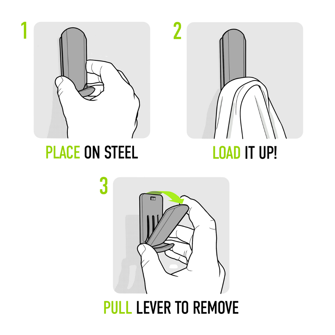 A hand places a Gator Magnetics hook on a flat steel surface, then hangs a bag on the hook, and finally pulls the Easy-Off™ lever to remove the hook.
