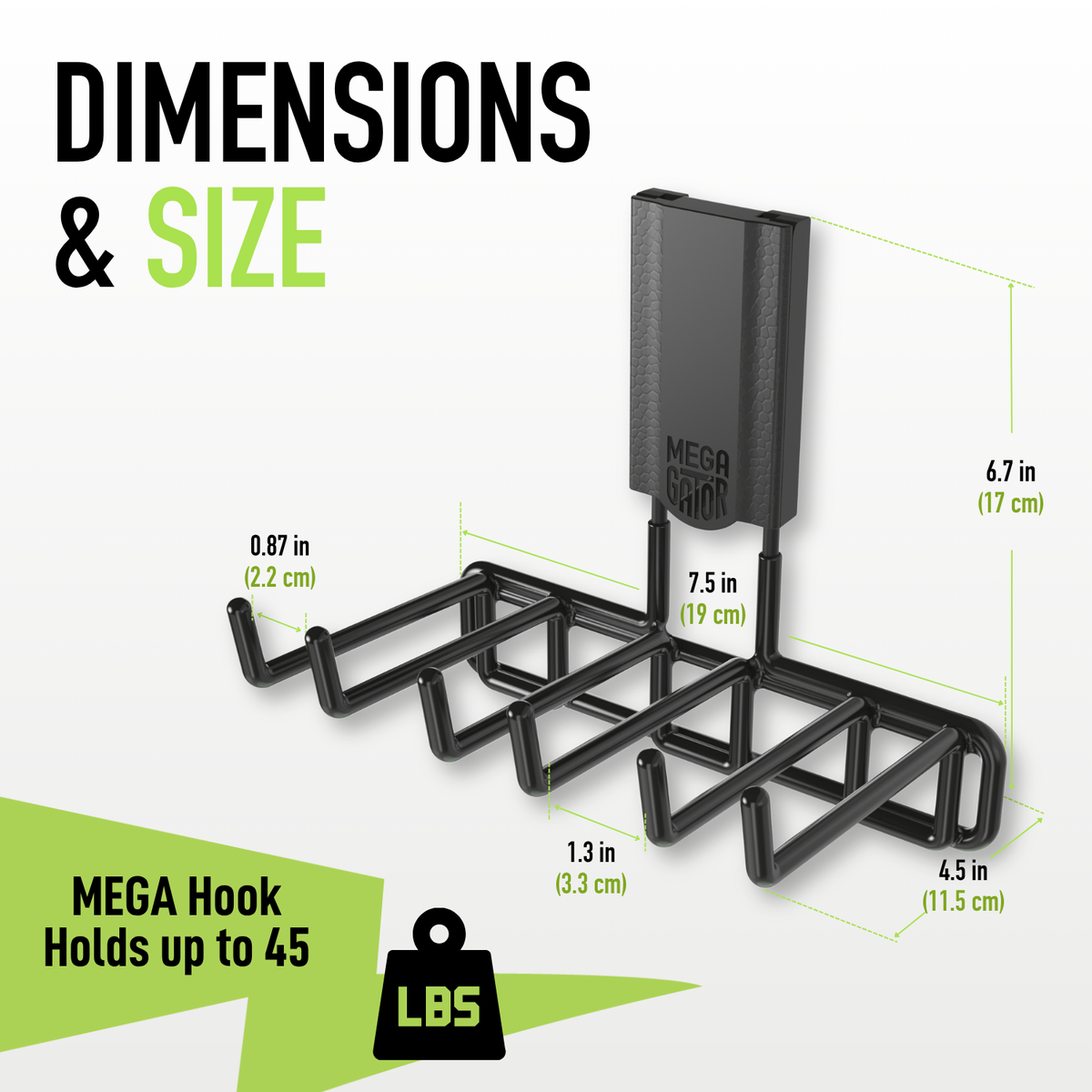 Pry Bar magnetic hook dimensions and 45-pound holding capacity infographic.