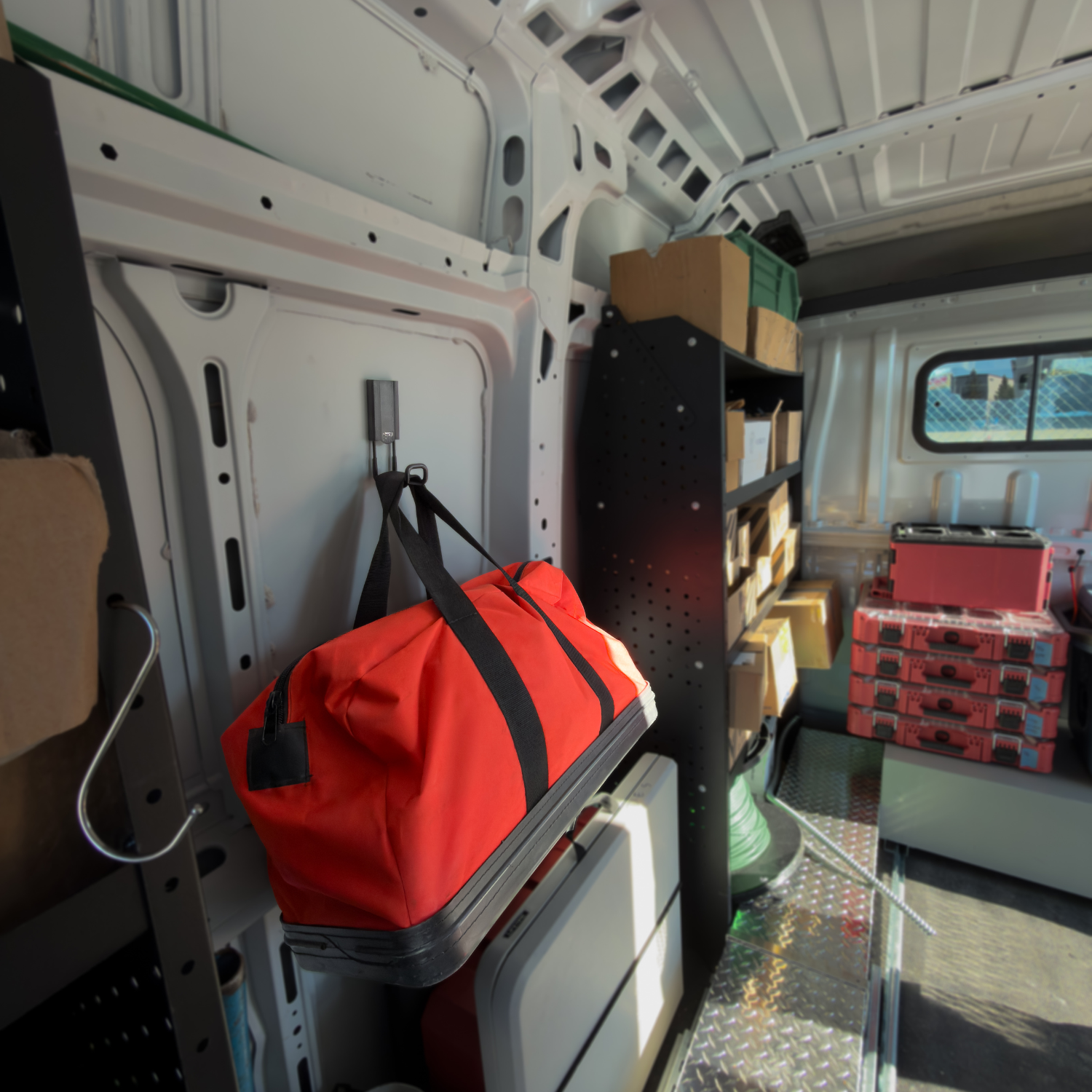 A red tool bag with black handles is hanging from a red Gator Magnetics magnetic hook attached to the interior steel wall panel of a work van, demonstrating easy, tool-free organization with strong hold and space-saving design suited for mobile storage and transport, with a subtle cup holder adapter visible on the lower right shelf of stacked toolboxes.