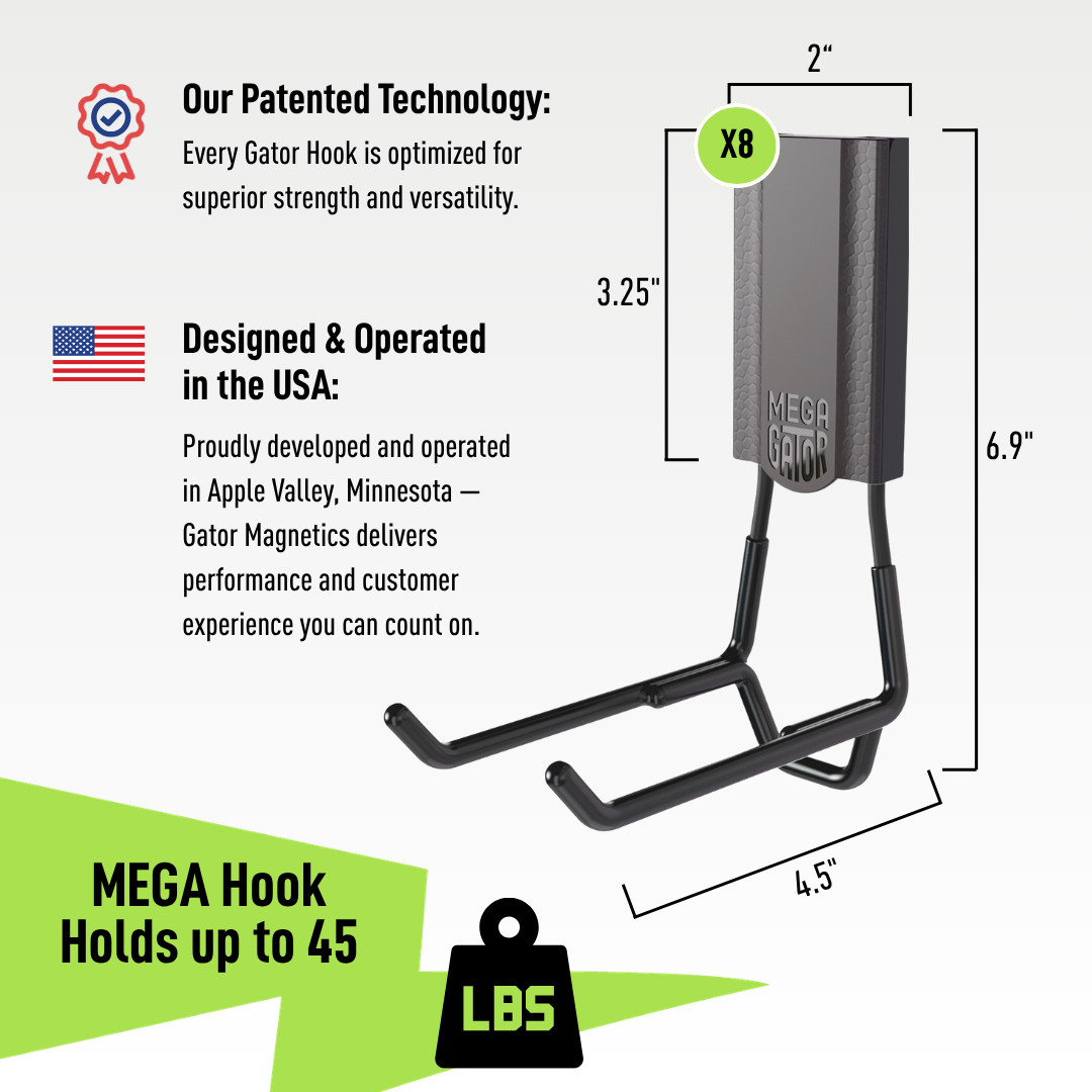 A black Gator Magnetics magnetic hook shown with dimensions 6.9" height, 4.5" width, and 2" depth, highlighting its strong patented magnetic technology and heavy-duty holding power of up to 45 pounds, designed for wall garage storage on flat steel surfaces.