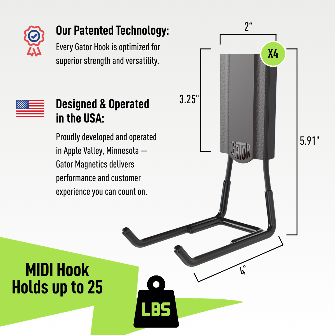 A single black Gator Magnetic Hook with measurements indicated as 5.91 inches tall, 2 inches wide, and 4 inches deep is shown against a white background, emphasizing its patented technology, U.S. design and operation in Apple Valley, Minnesota, and its capacity to hold up to 25 lbs.
