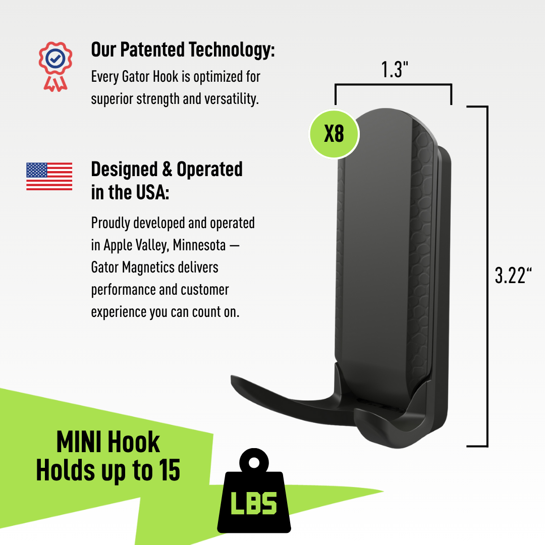 The image shows a single black Gator Magnetics Magnetic Hook with dimensions 1.3 inches wide and 3.22 inches tall, designed to hold up to 15 lbs on flat steel surfaces.