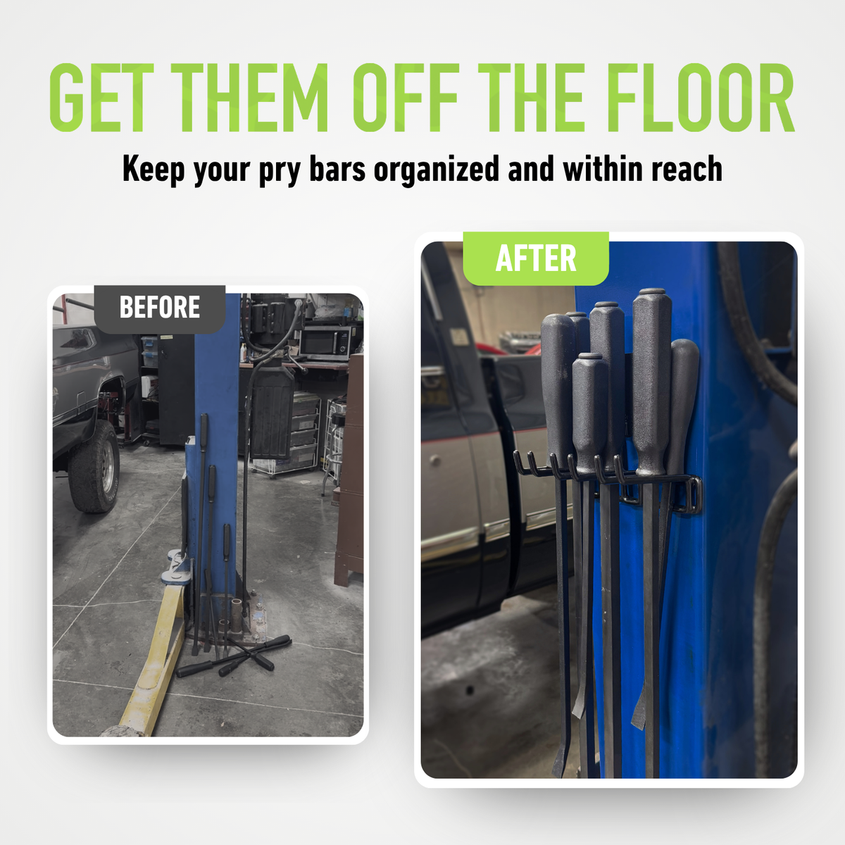 Before-and-after pry bar storage using a Gator Magnetics hook on a steel vehicle lift.