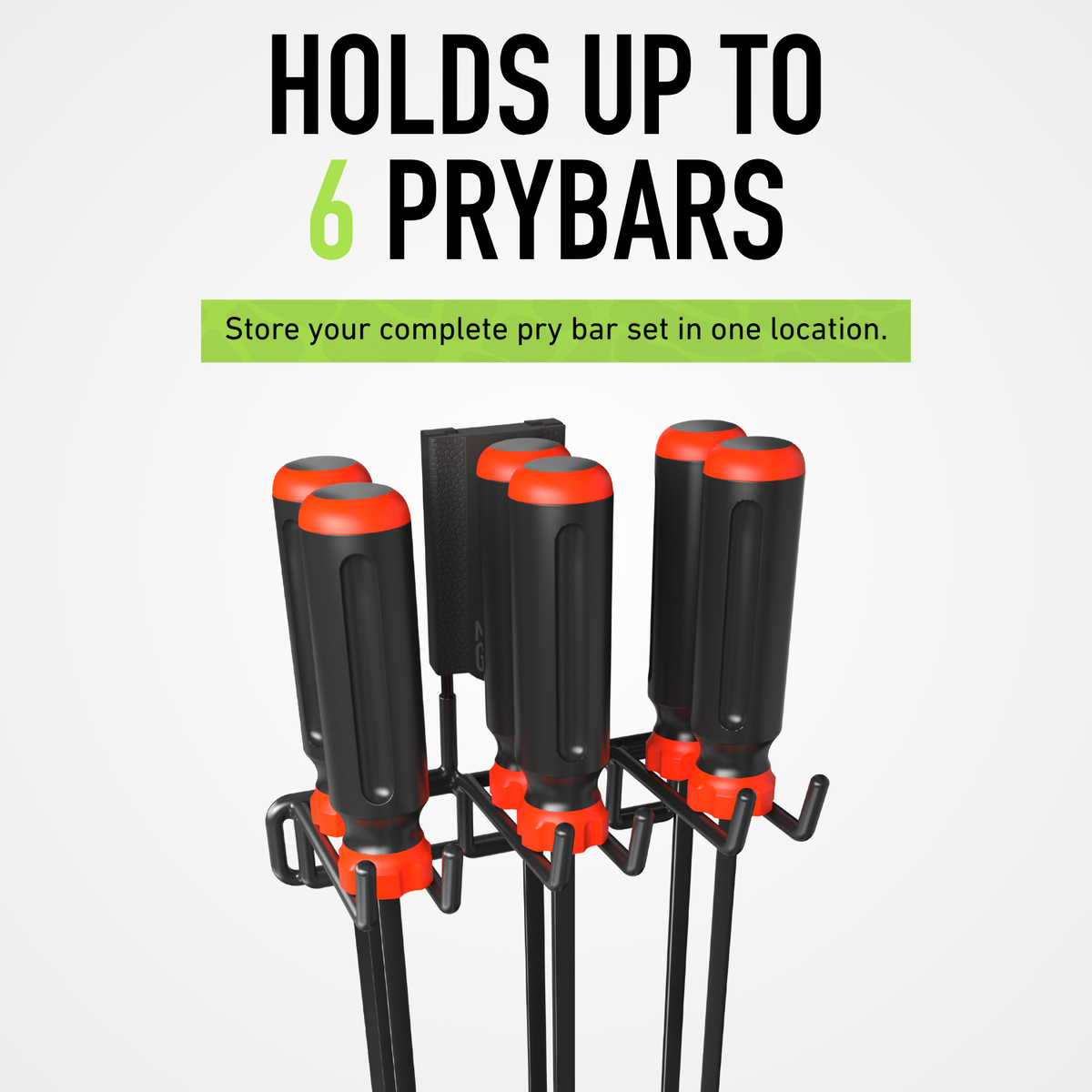 Pry Bar magnetic hook holding six pry bars vertically.
