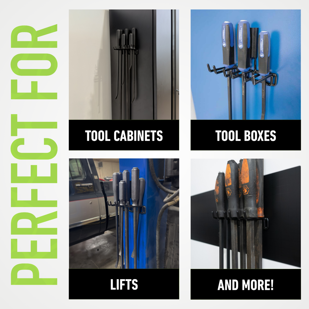 Pry Bar magnetic hook shown on steel tool cabinets, toolboxes and vehicle lifts.