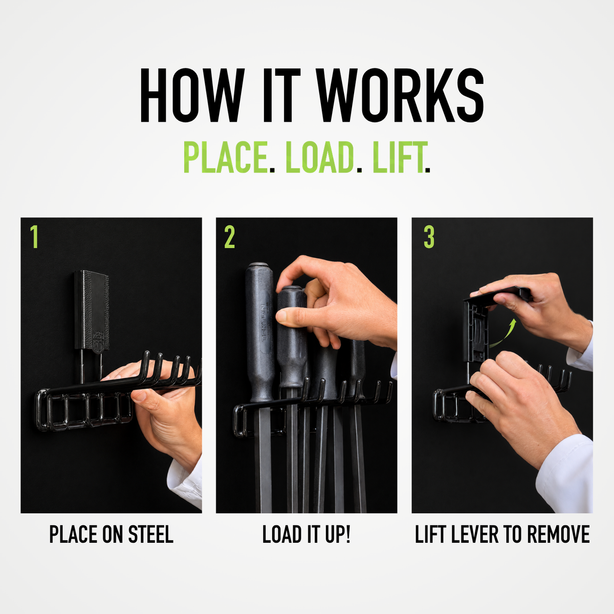 Three-step guide showing how to place, load and remove the Pry Bar magnetic hook.