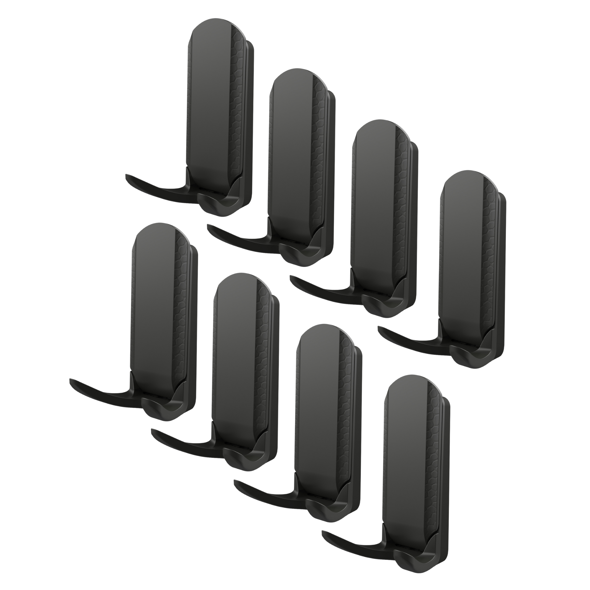 Eight black flat magnetic hooks designed for steel surfaces are shown in a staggered arrangement, highlighting their heavy-duty steel construction and practical curved hook shape for versatile tool or item hanging.