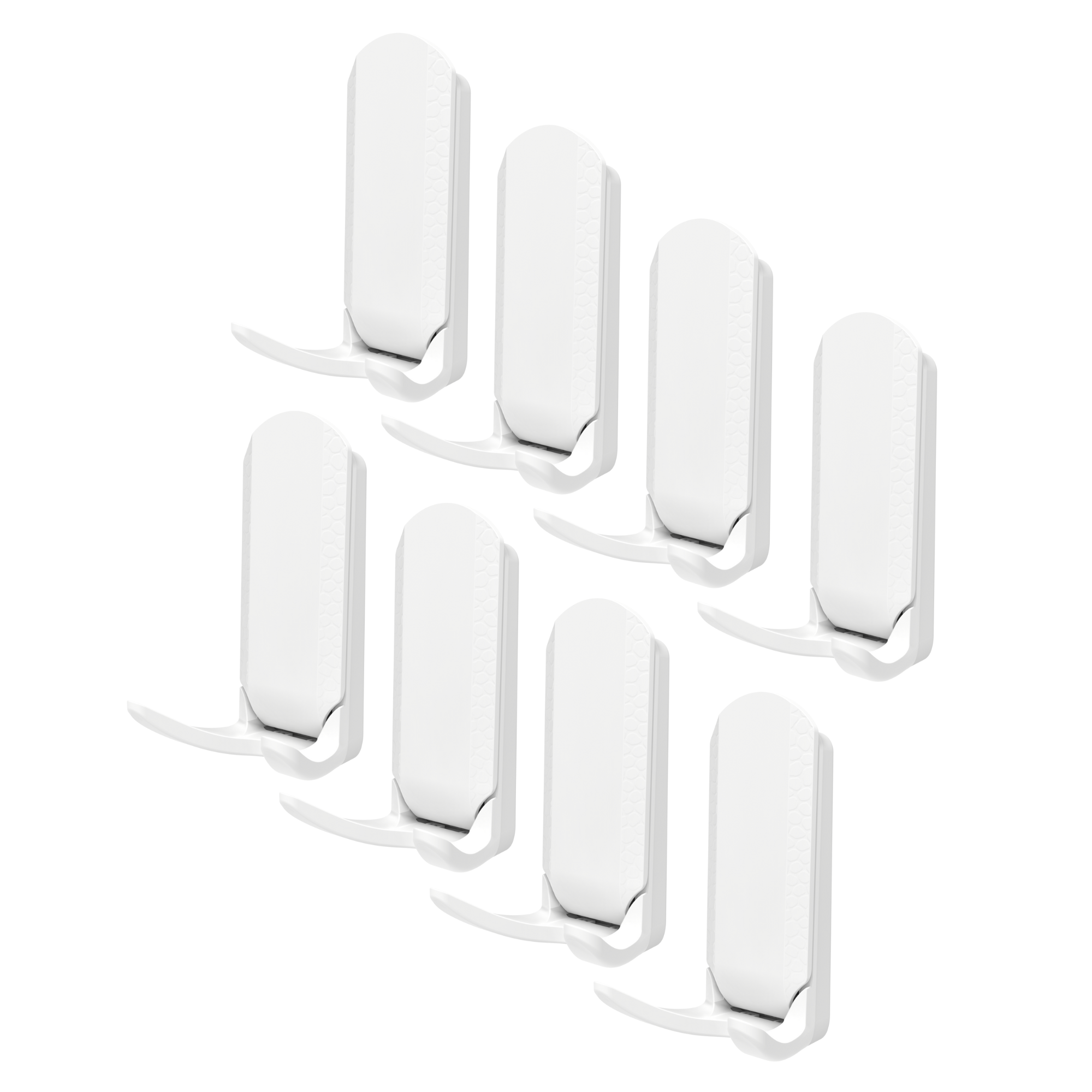 Eight white Gator Magnetics Magnetic Hooks are displayed on a white background, showing their curved hook design and rectangular magnetic bases with textured edges, intended for use on flat steel surfaces.