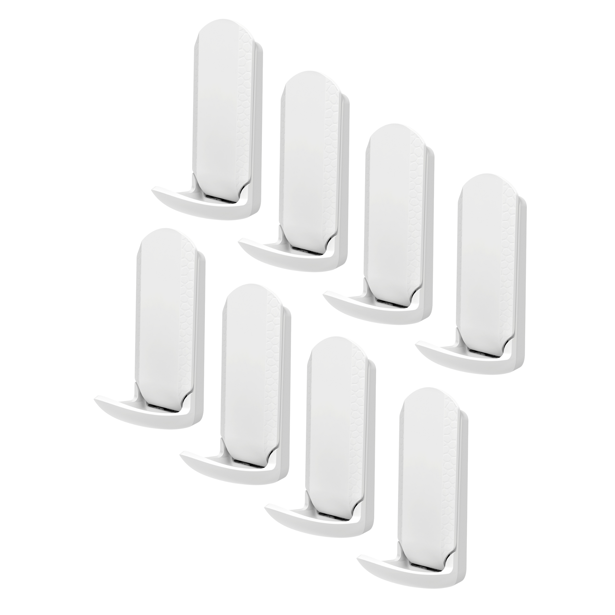 Eight white plastic wall hooks arranged on a white background, shown without items or a surface, designed to complement wall storage for garage and workshop organization.